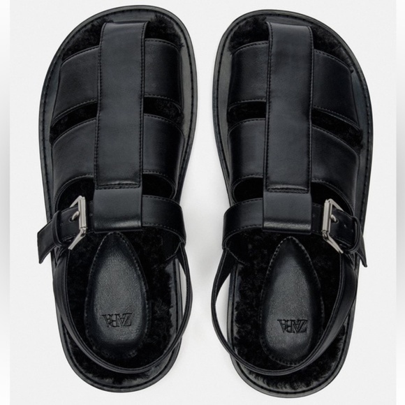 Zara Black FAUX FUR LINED CAGE SANDALS. Size 8/39 - Picture 1 of 9